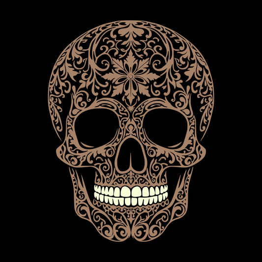 Large intricately cut light brown skull with contrasting whitish teeth