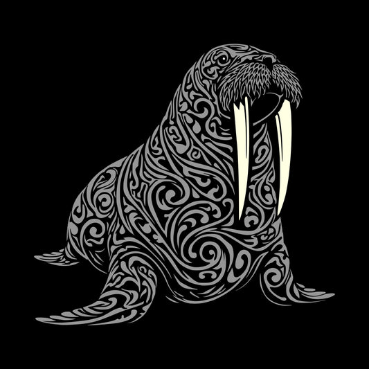 Black background with a large intricately cut gray walrus with long white tusks