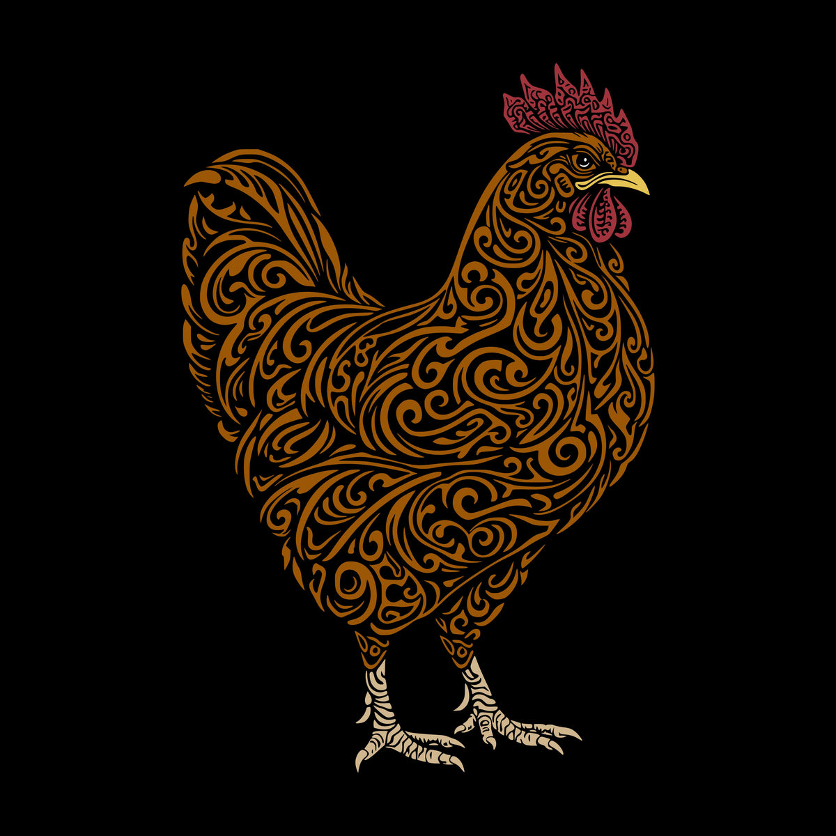 Black background with a large intricately cut brown-orange rooster with a yellow beak