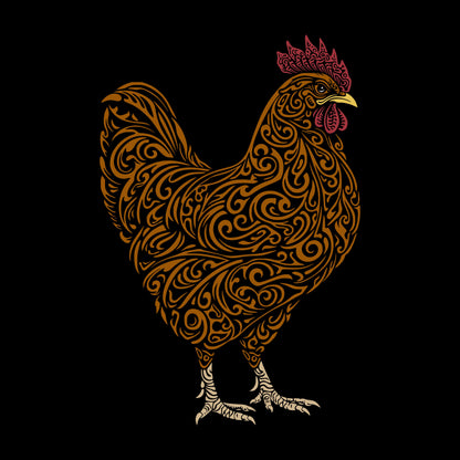 Black background with a large intricately cut brown-orange rooster with a yellow beak