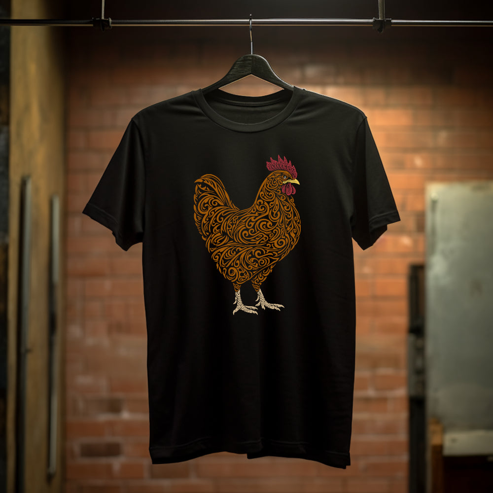 Black t-shirt with a large intricately cut brown-orange rooster with a yellow beak