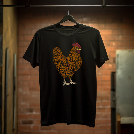Black t-shirt with a large intricately cut brown-orange rooster with a yellow beak