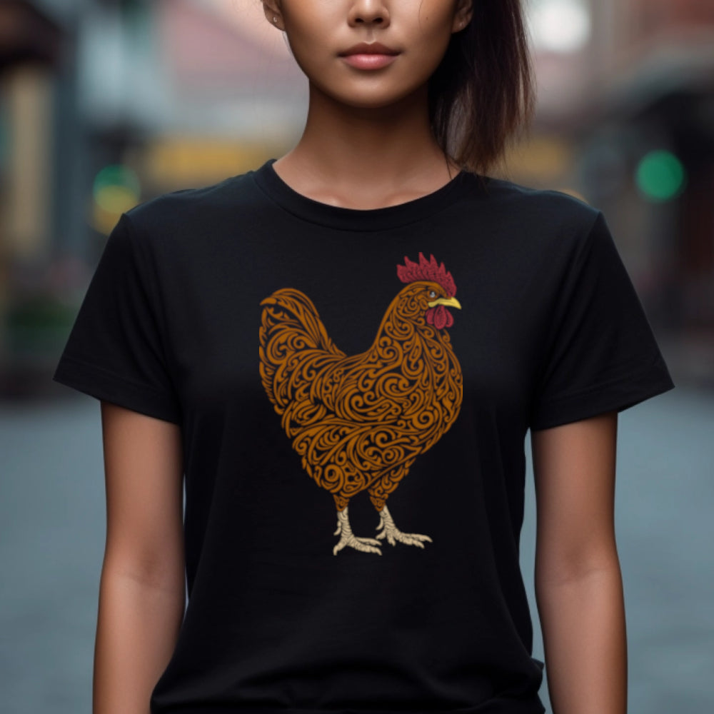 Black t-shirt with a large intricately cut brown-orange rooster with a yellow beak