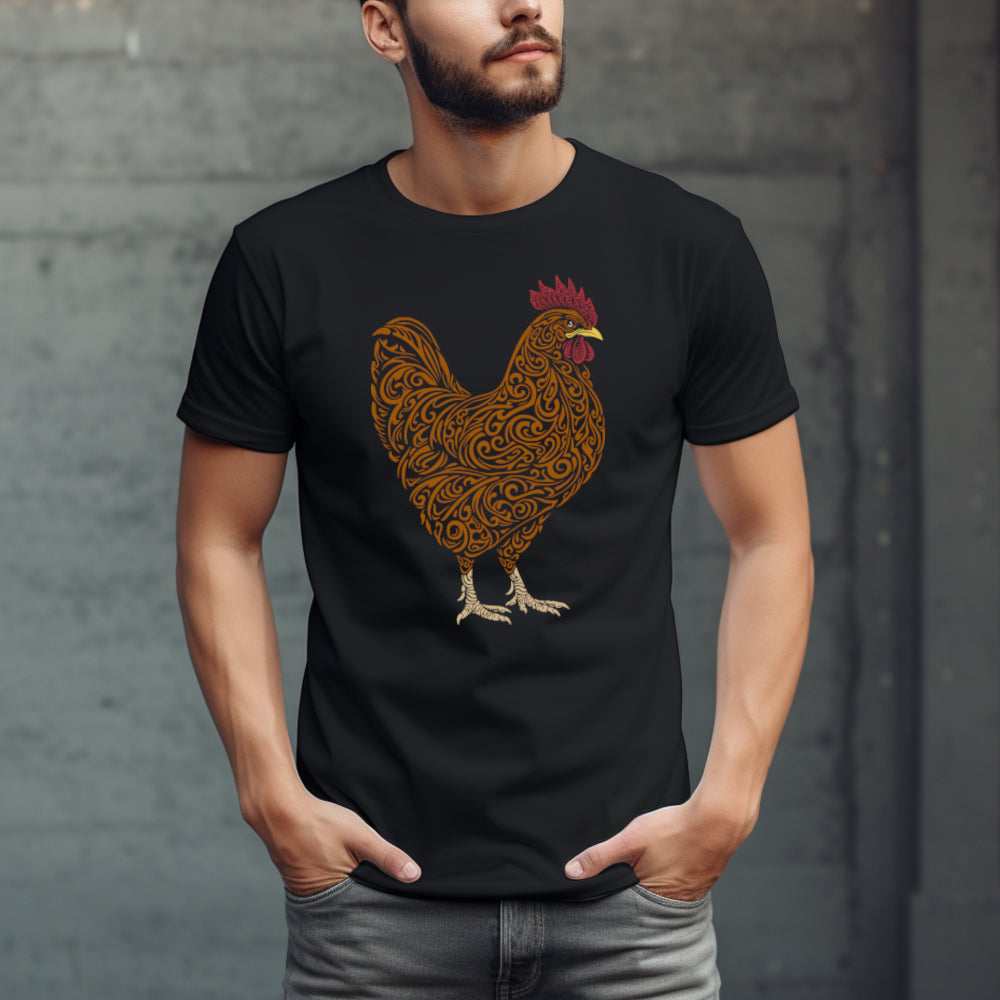 Black t-shirt with a large intricately cut brown-orange rooster with a yellow beak