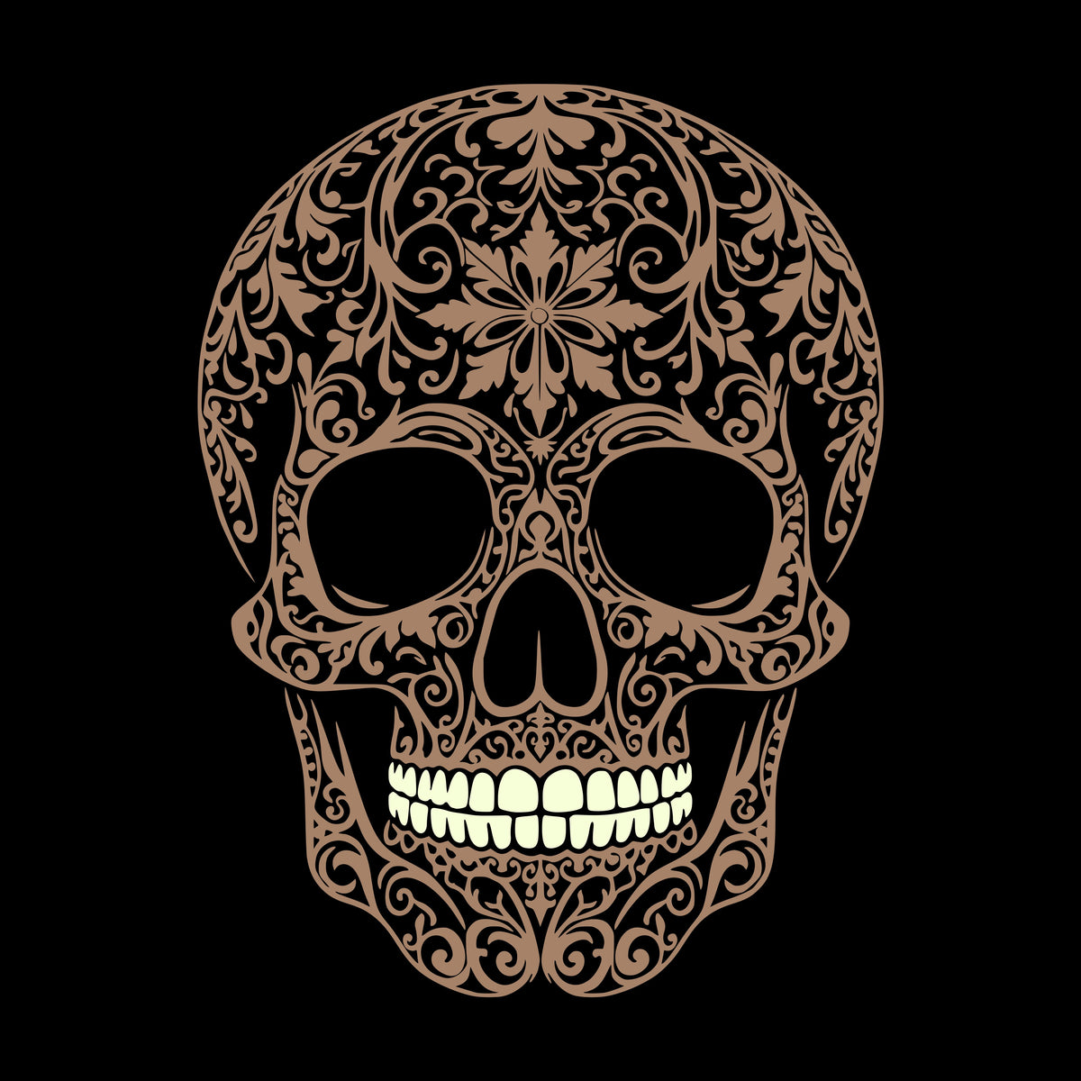 Large intricately cut light brown skull with contrasting whitish teeth