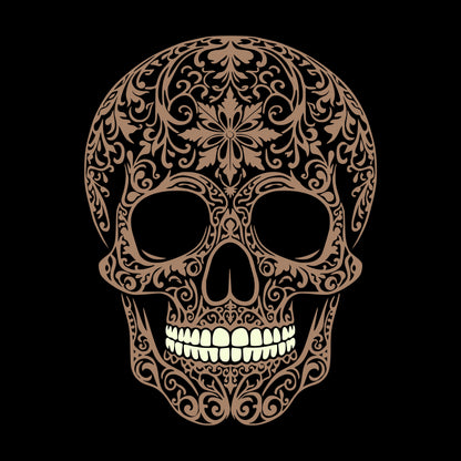Large intricately cut light brown skull with contrasting whitish teeth