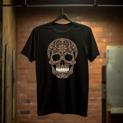 Black t-shirt with a large intricately cut light brown skull with contrasting whitish teeth