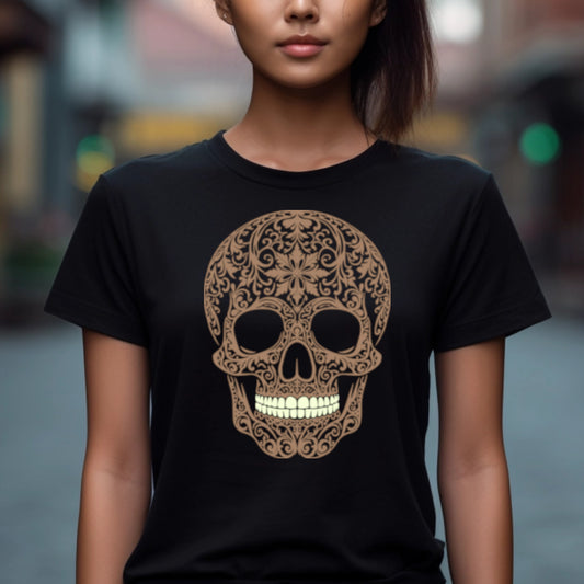 Black t-shirt with a large intricately cut light brown skull with contrasting whitish teeth