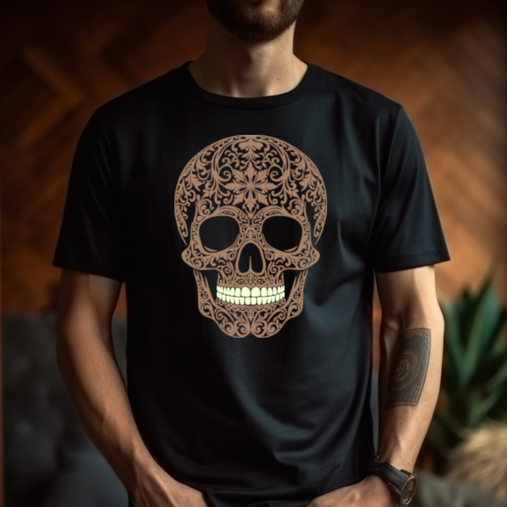 Black t-shirt with a large intricately cut light brown skull with contrasting whitish teeth