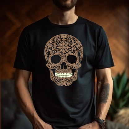 Black t-shirt with a large intricately cut light brown skull with contrasting whitish teeth