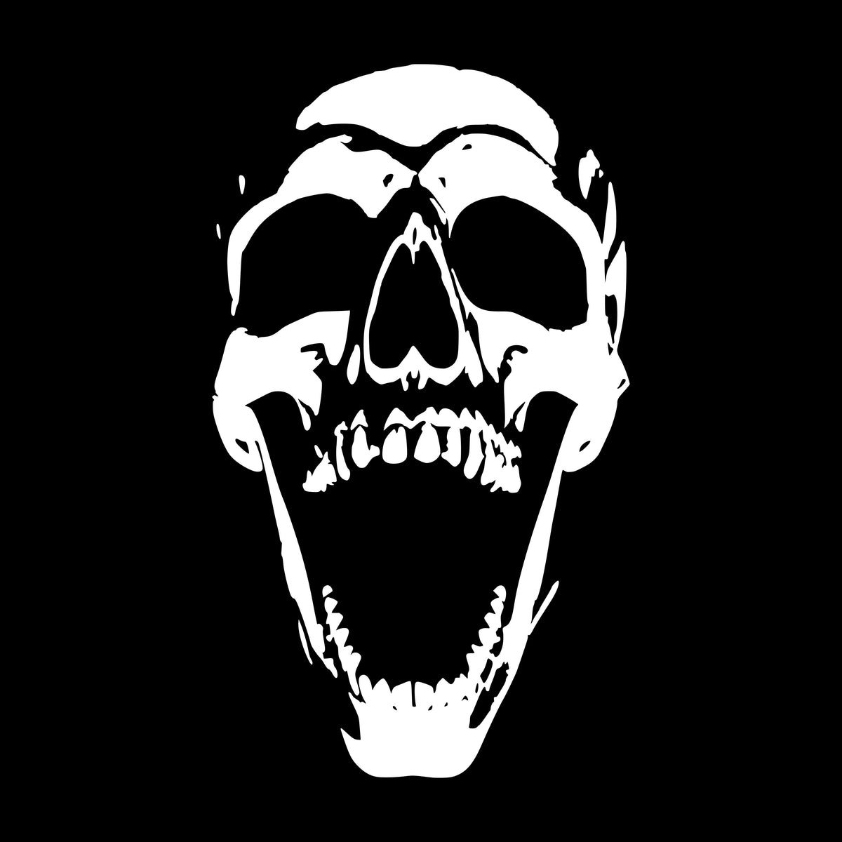 Large open-mouthed skull illuminated dramatically from below