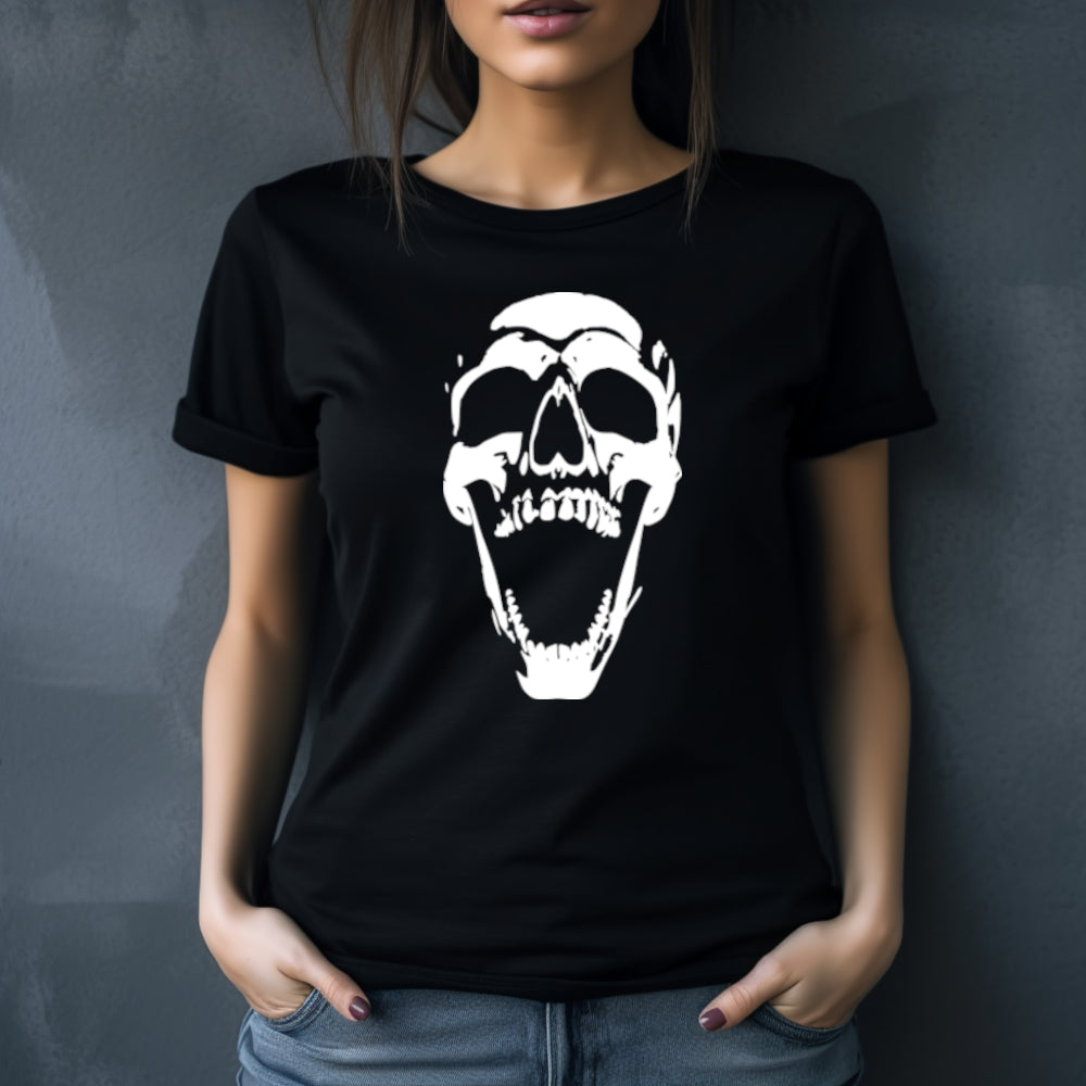 Black t-shirt with a large open-mouthed skull illuminated dramatically from below