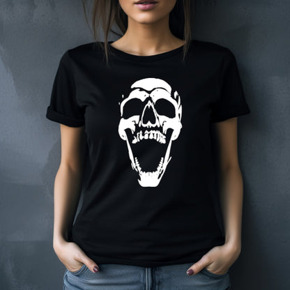 Black t-shirt with a large open-mouthed skull illuminated dramatically from below