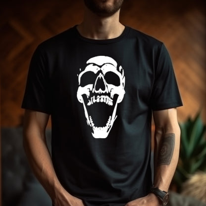 Black t-shirt with a large open-mouthed skull illuminated dramatically from below