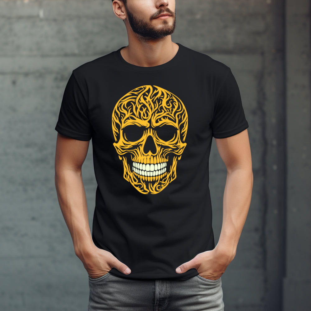 Black t-shirt with a large intricately cut yellow skull with contrasting whitish teeth