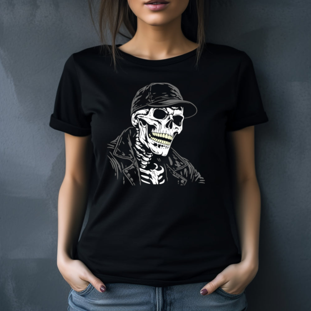 Black t-shirt with a large white skull in a black leather jacket and cap grinning 