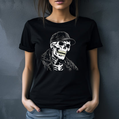 Black t-shirt with a large white skull in a black leather jacket and cap grinning 