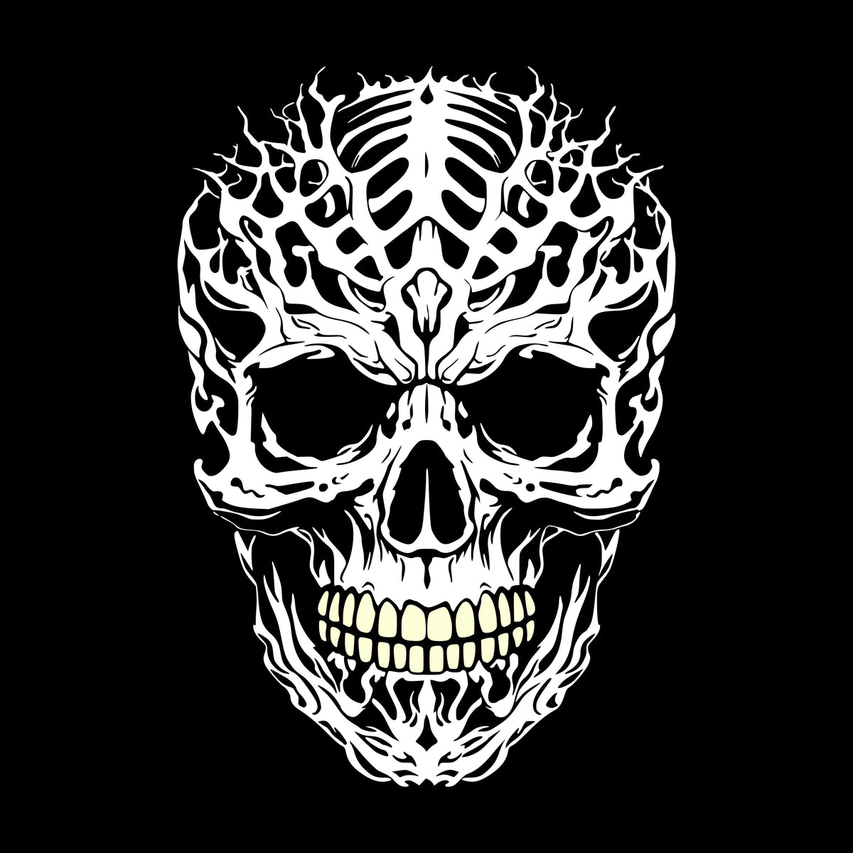 Large intricately cut spiky white skull  with yellowing teeth