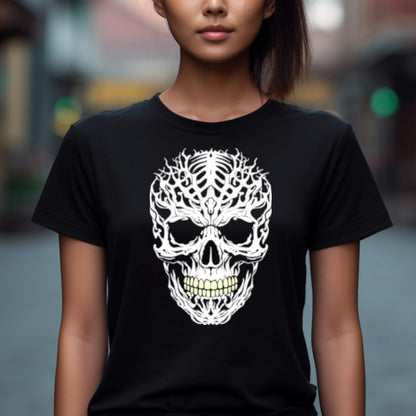 Black t-shirt with a large intricately cut spiky white skull  with yellowing teeth