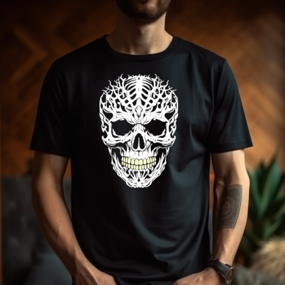 Black t-shirt with a large intricately cut spiky white skull  with yellowing teeth