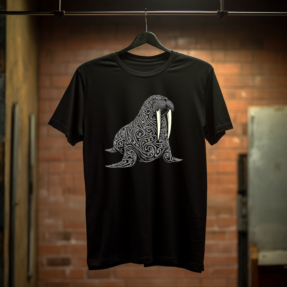 Black t-shirt with a large intricately cut gray walrus with long white tusks