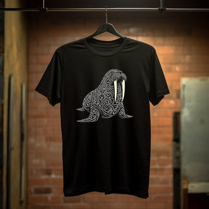 Black t-shirt with a large intricately cut gray walrus with long white tusks