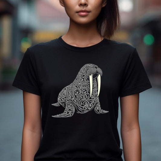 Black t-shirt with a large intricately cut gray walrus with long white tusks