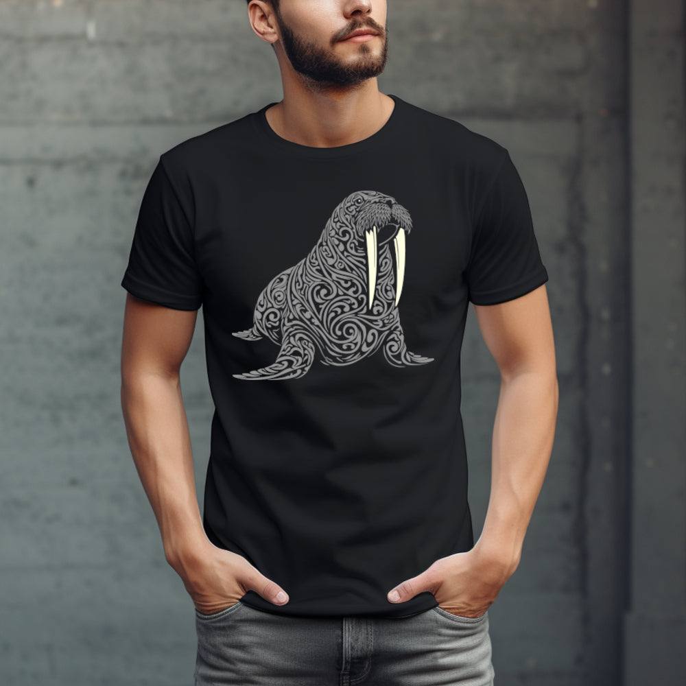 Black t-shirt with a large intricately cut gray walrus with long white tusks